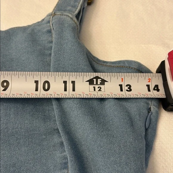 Light Blue Denim Mini Dress With Adjustable Straps and a Belted Waist Size S - Picture 5 of 14